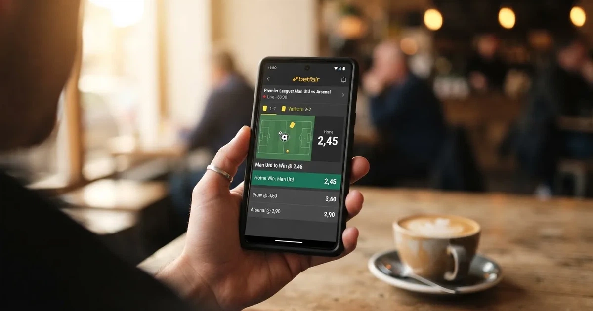 Eine Hand hält ein Smartphone mit dunklem Display, im Hintergrund unscharf ein Café-Tisch mit einer Tasse.