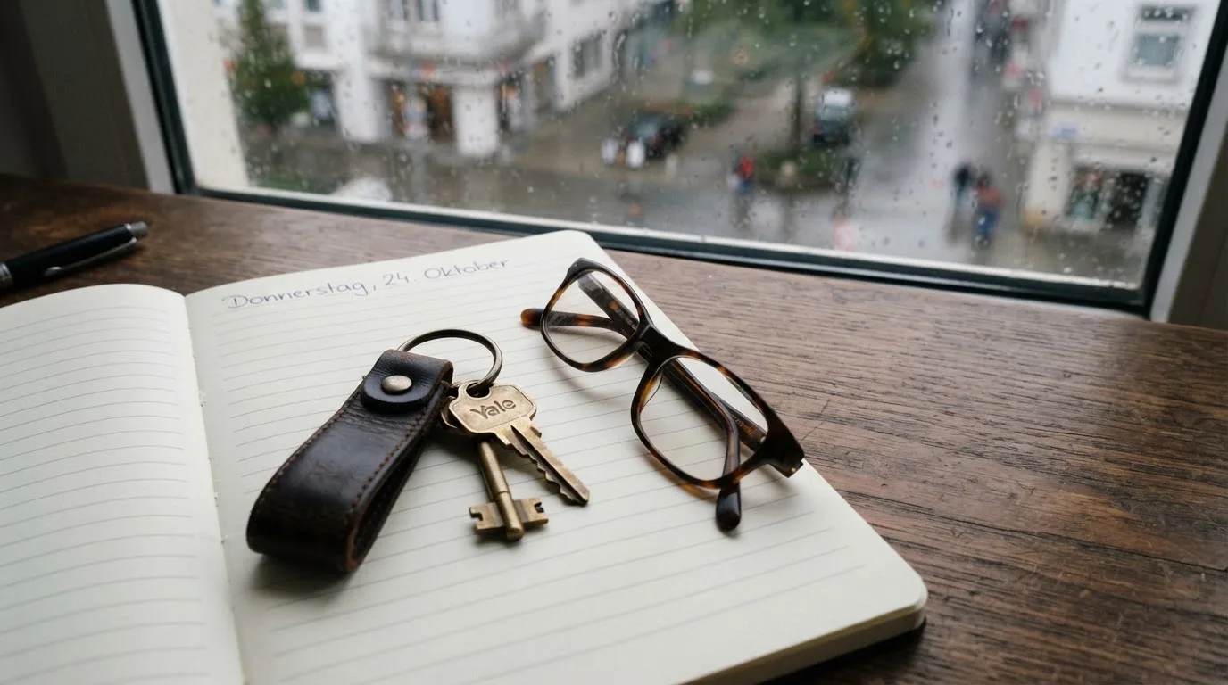 Ein Schlüsselbund und eine Brille liegen auf einem leeren Block neben einem Fenster mit Regentropfen.