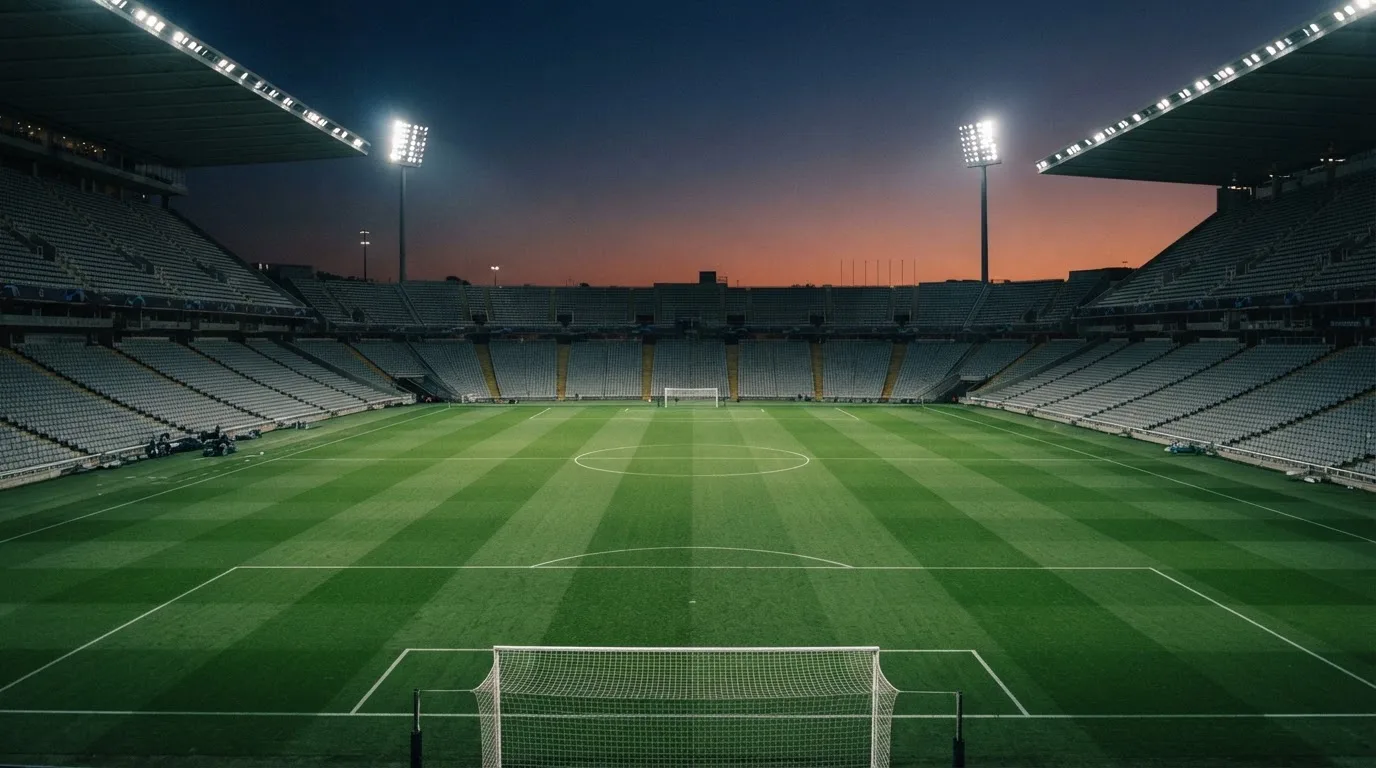 Eine leere Stadiontribüne unter Flutlicht aus der Ferne betrachtet, die Rasenfläche leuchtet grün in der Dämmerung.