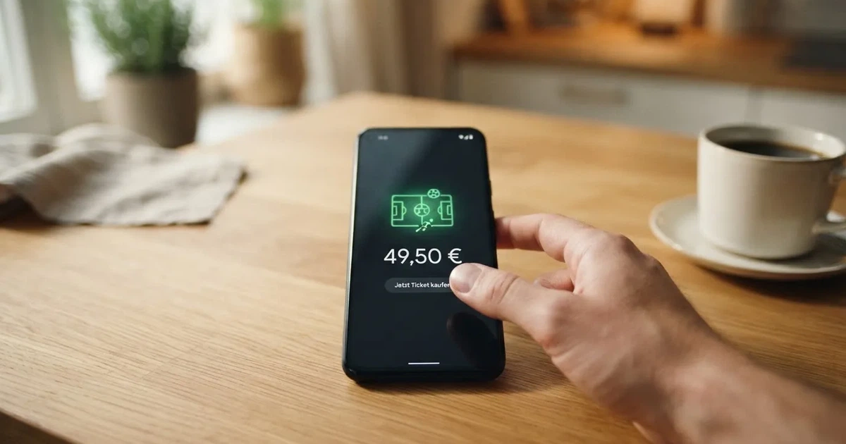 Ein Daumen schwebt über einem Smartphone mit dunklem Display, das auf einem Küchentisch neben einer Tasse liegt.