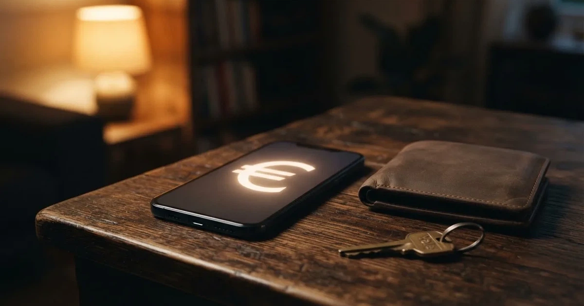 Ein Smartphone mit dunklem Display liegt neben einer Geldbörse und einem Schlüssel auf einem Tisch.