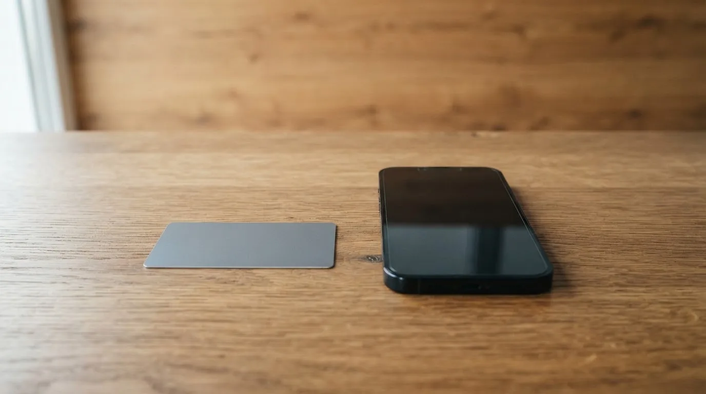Eine Bankkarte ohne Aufdruck liegt neben einem Smartphone mit dunklem Display auf einem Holztisch.
