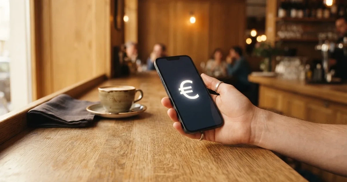 Eine Hand hält ein Smartphone dicht an ein Kartenlesegerät ohne erkennbare Beschriftung in einem Café.