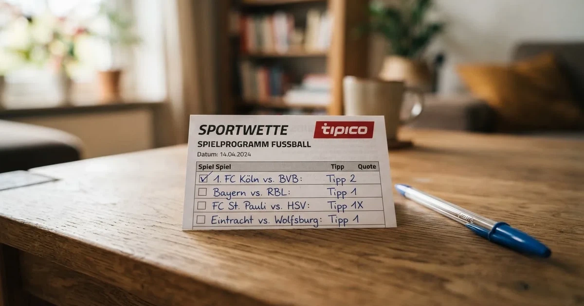 Ein leerer Papier-Wettschein liegt neben einem Kugelschreiber auf einem Tisch, ohne lesbaren Aufdruck.