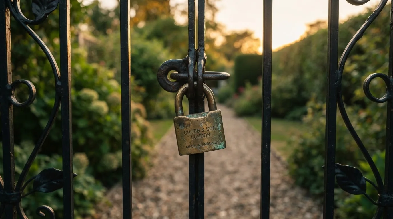 Ein Vorhängeschloss hängt an einem Gartentor im Abendlicht, dahinter ein unscharfer Weg.