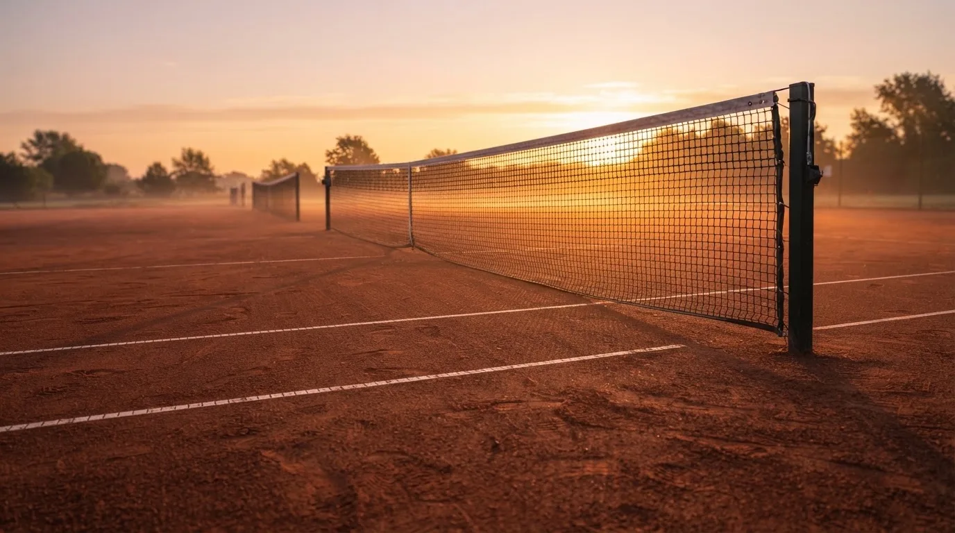 Ein Tennisplatz aus Sand bei Sonnenaufgang, das Netz im Gegenlicht, kein Mensch zu sehen.