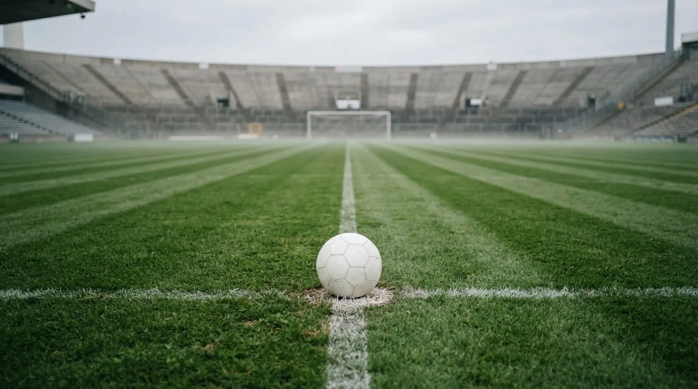 Ein Fußball liegt auf dem Anstoßpunkt eines leeren Rasenplatzes, im Hintergrund eine ruhige Tribüne unter bedecktem Himmel.