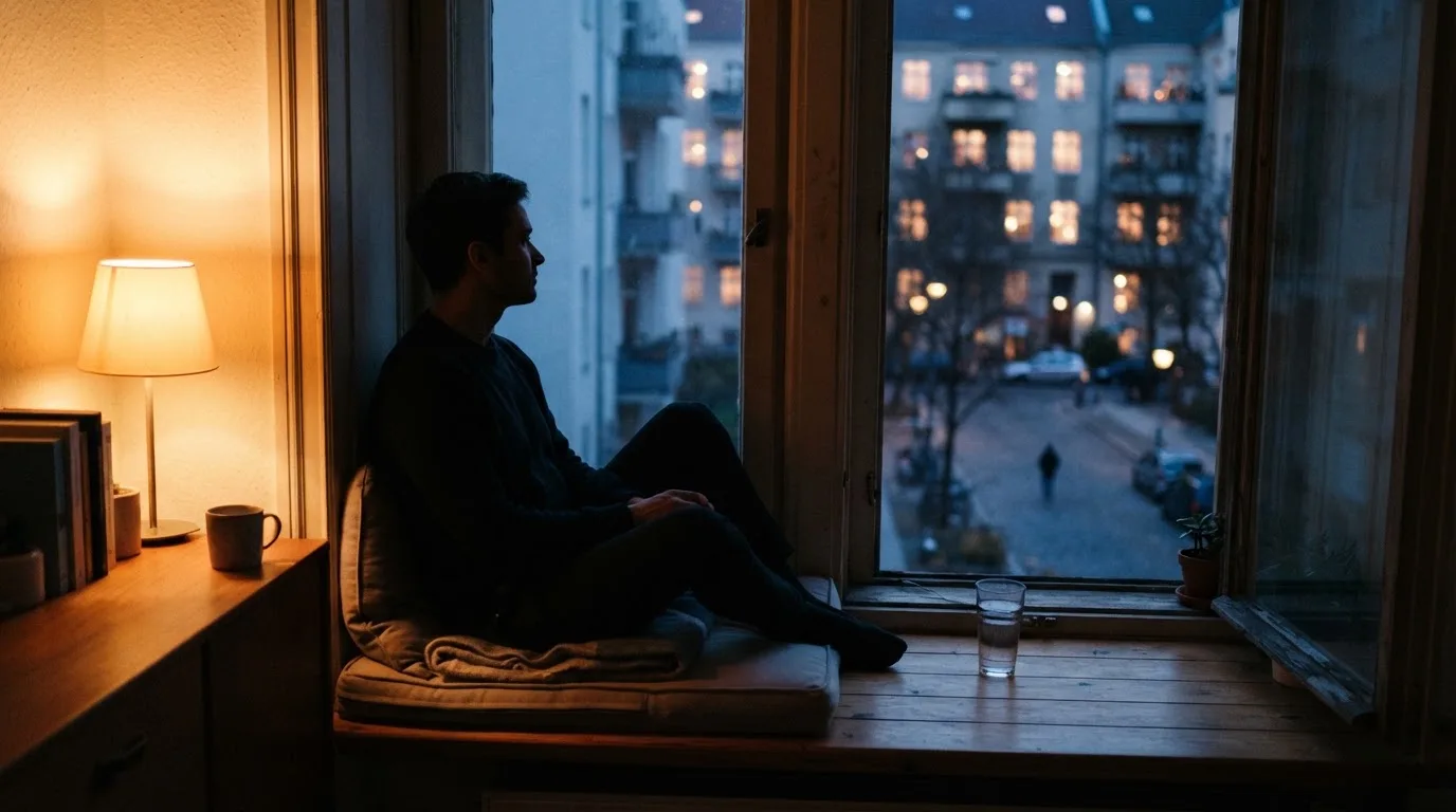Die Silhouette einer Person sitzt am Abend am Fenster und blickt auf eine Straße, auf dem Fensterbrett steht ein Glas Wasser.