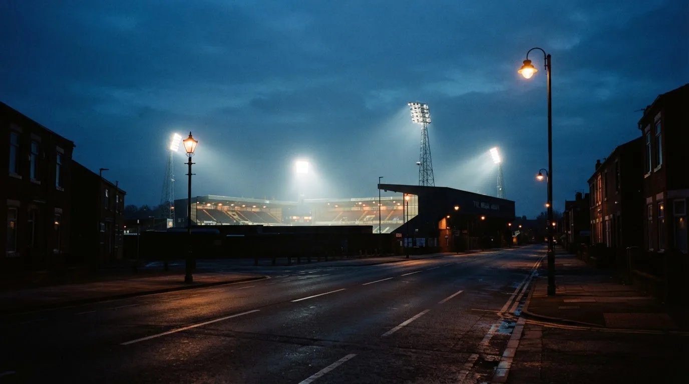 Ein Stadion unter Flutlicht aus der Ferne gesehen, davor eine dunkle Straße mit Laternen und ohne Menschen.
