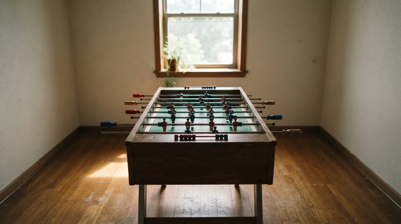 Ein Tischkicker in einem leeren Raum, die Spielfiguren in Reihe, Tageslicht fällt durch ein großes Fenster.