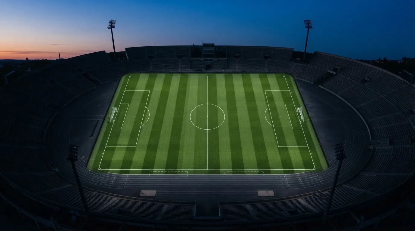 Ein Fußballplatz am Abend aus der Vogelperspektive, Flutlichtmasten ausgeschaltet, die Rasenlinien deutlich sichtbar.
