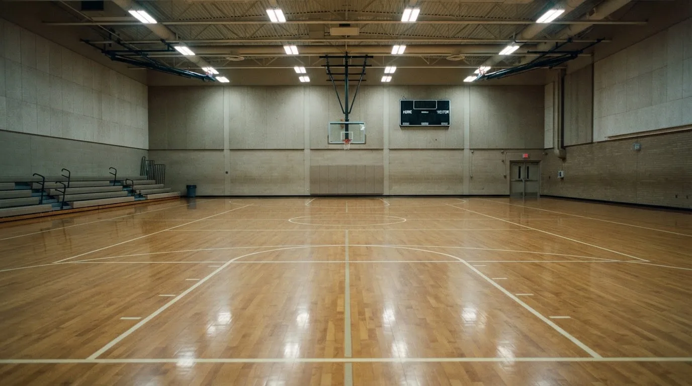 Ein Basketballfeld in einer leeren Halle, das Parkett spiegelt das Licht der Deckenlampen.