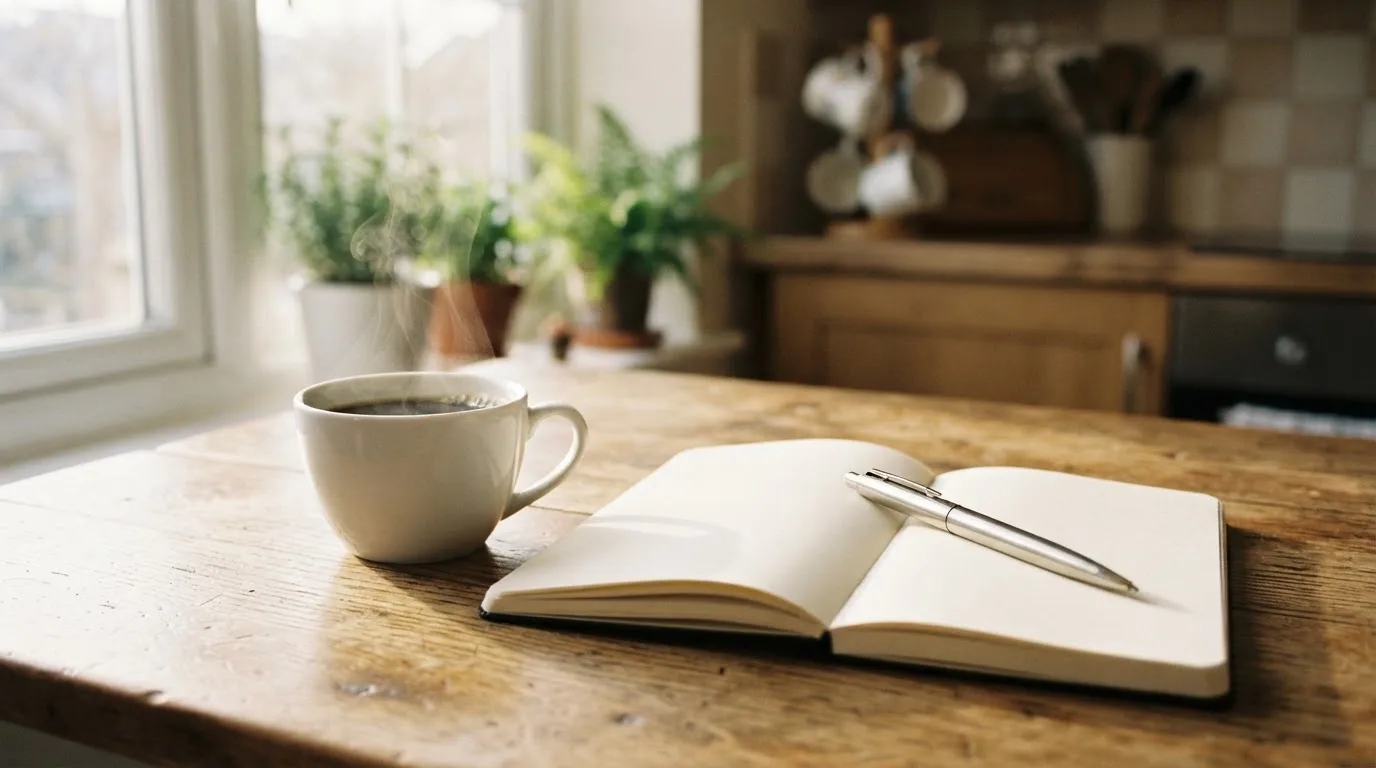 Eine Tasse Kaffee, ein Kugelschreiber und ein aufgeschlagenes leeres Notizbuch auf einem Küchentisch am Fenster.