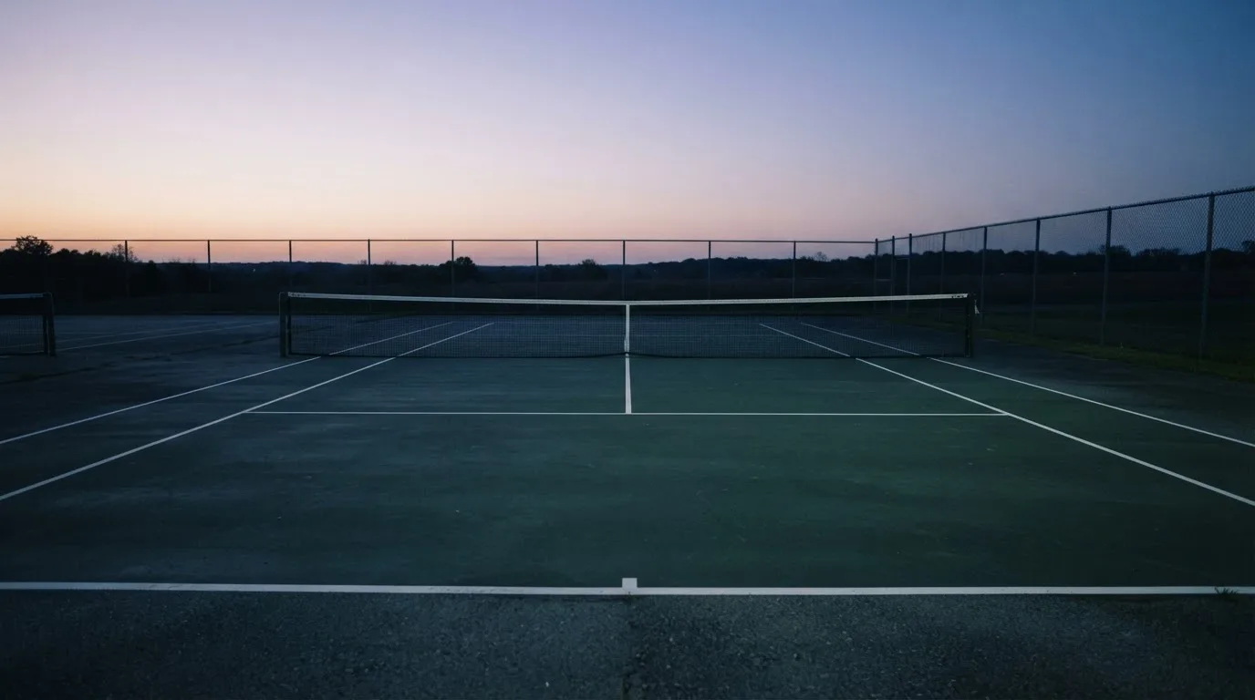 Ein Tennisplatz in der Dämmerung, Netz und Linien im Zwielicht, ohne Menschen und mit ruhigem Himmel.