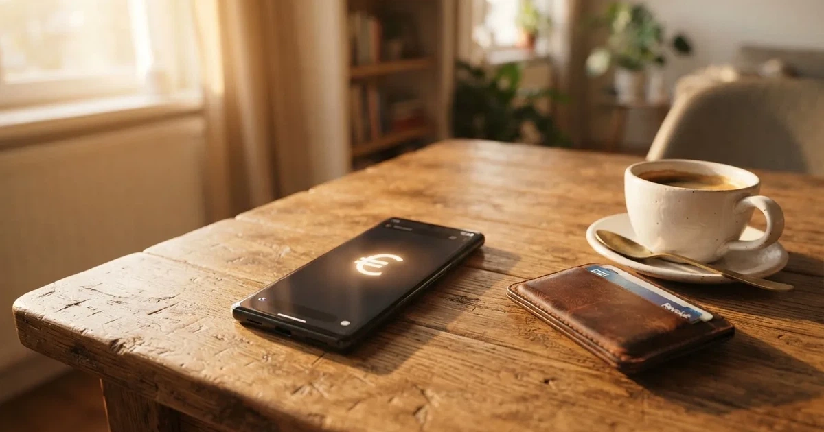 Ein Smartphone mit dunklem Bildschirm liegt auf einem Holztisch neben einem Portemonnaie und einer Kaffeetasse im Fensterlicht.