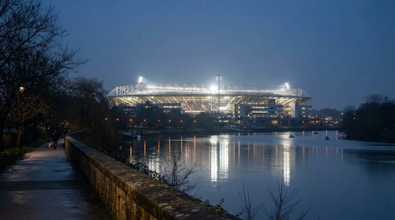 Ein Stadion unter Flutlicht aus der Ferne gesehen, im Vordergrund ein ruhiger Fluss und ein Fußweg.