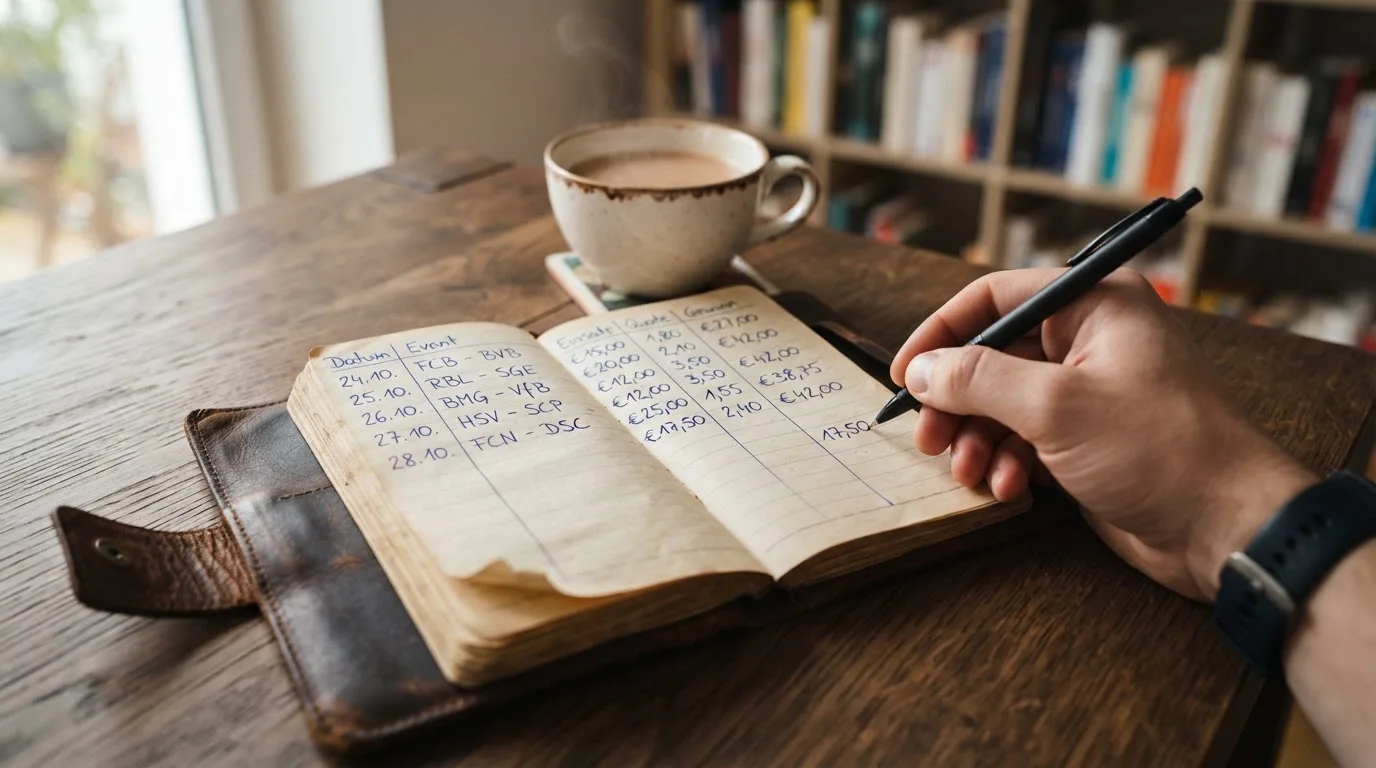 Ein Notizbuch mit handgeschriebenen Rechnungen und ein Taschenrechner auf einem Schreibtisch neben einer Teetasse.
