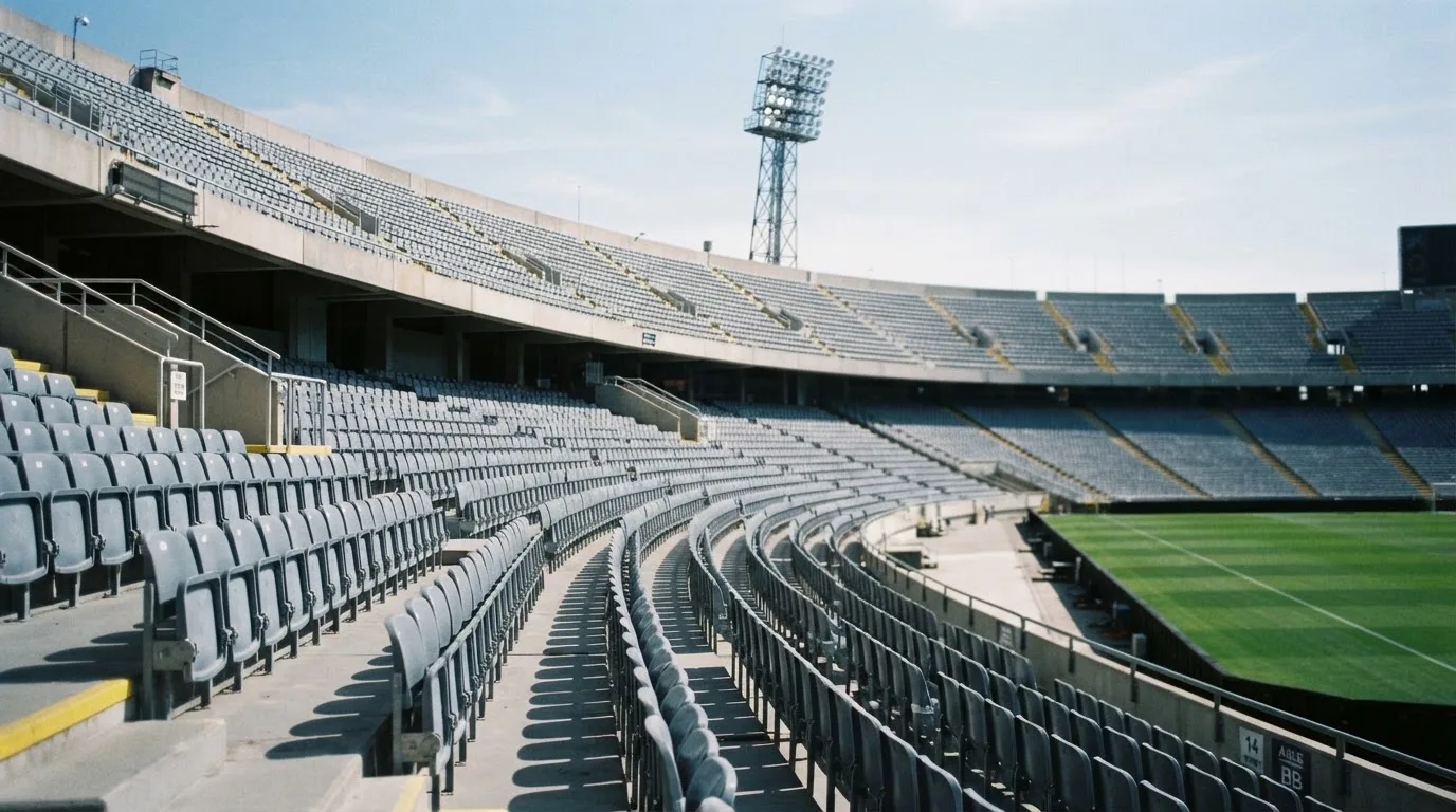 Eine leere Tribüne eines Fußballstadions bei Tageslicht, Sitzschalen in Reihen und dahinter ein Flutlichtmast.