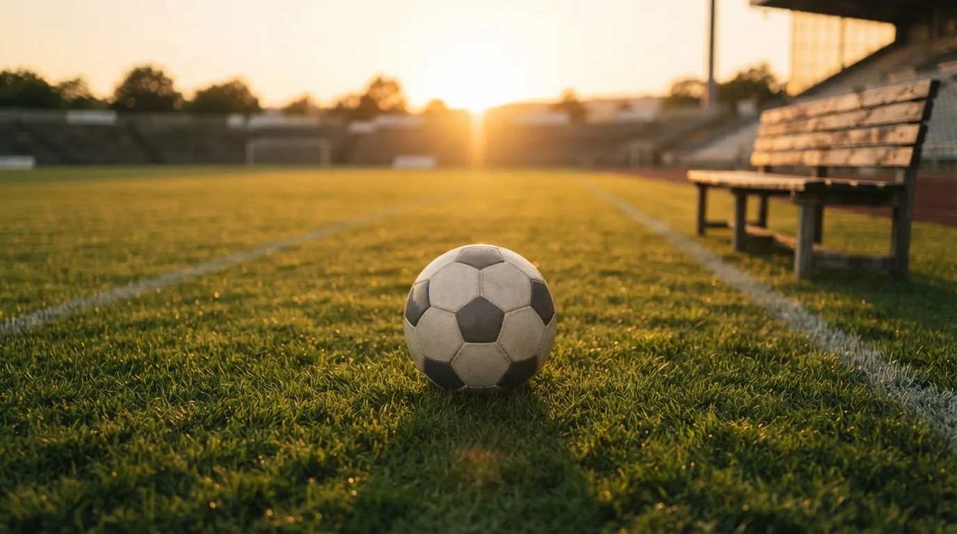 Ein Fußball auf einem Rasenplatz im Gegenlicht der tiefstehenden Sonne, am Rand eine leere Ersatzbank.