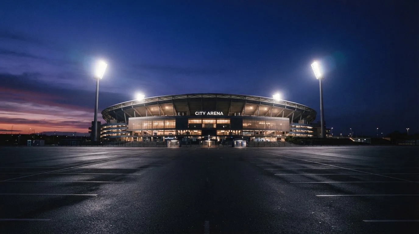 Ein Stadion unter Flutlicht aus der Ferne gesehen, davor ein leerer Parkplatz in der Dämmerung.