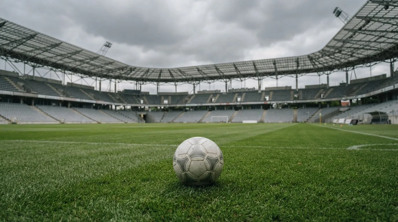 Ein Fußball auf einem Rasen, im Hintergrund ein leeres Stadion bei bewölktem Himmel.