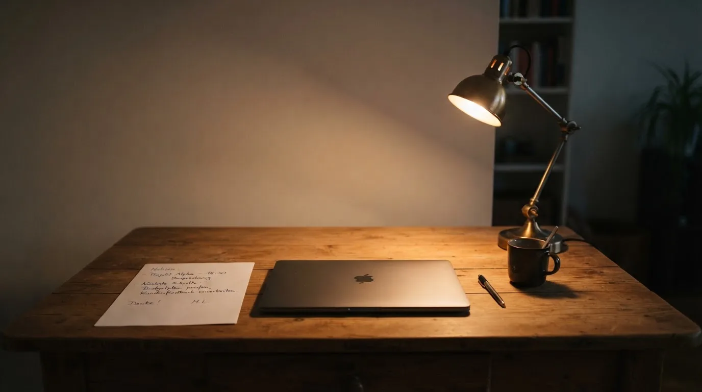 Ein Schreibtisch mit Lampe und geschlossenem Laptop in einem ruhigen Büro bei Abendlicht.