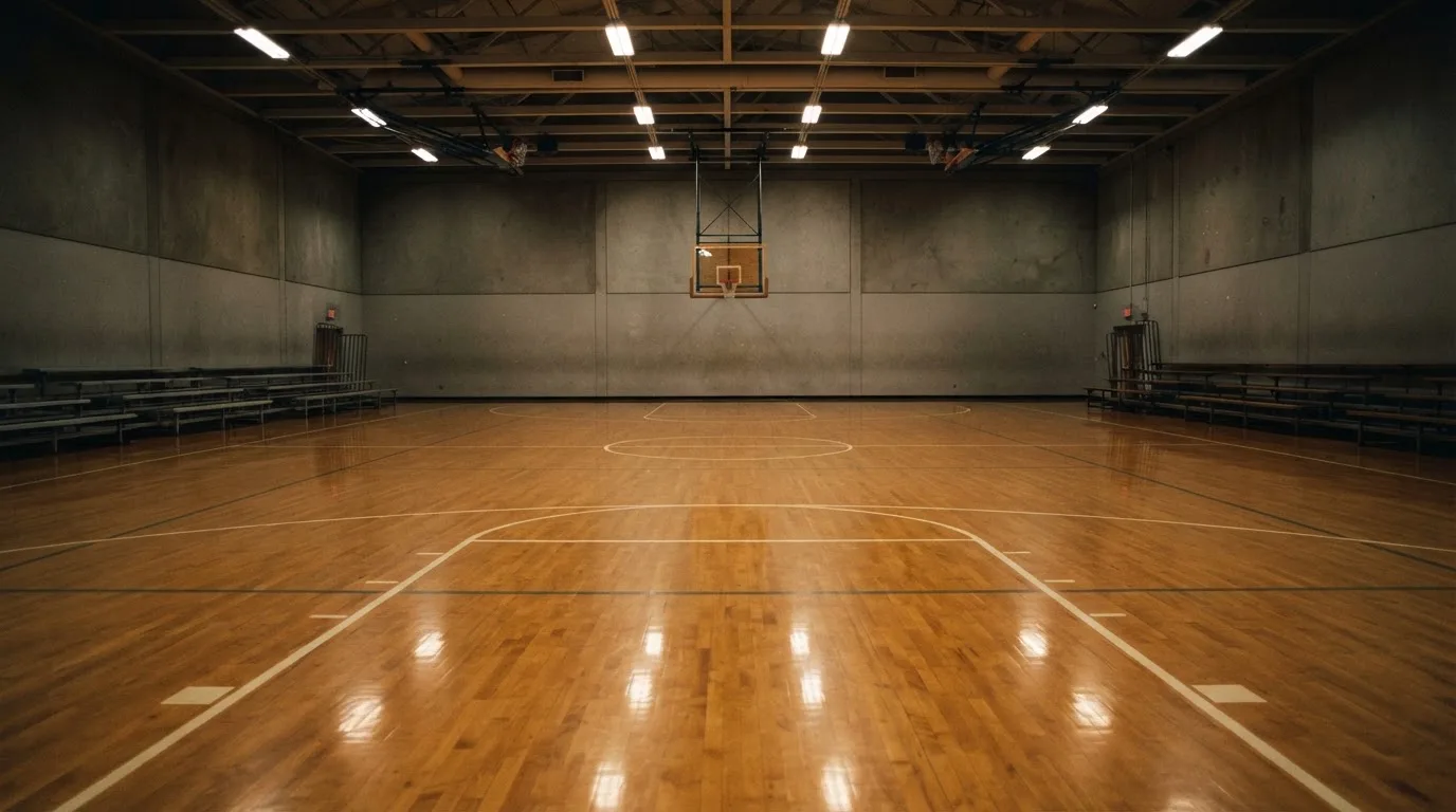 Ein Basketballfeld in einer leeren Halle, das Parkett spiegelt das Deckenlicht.