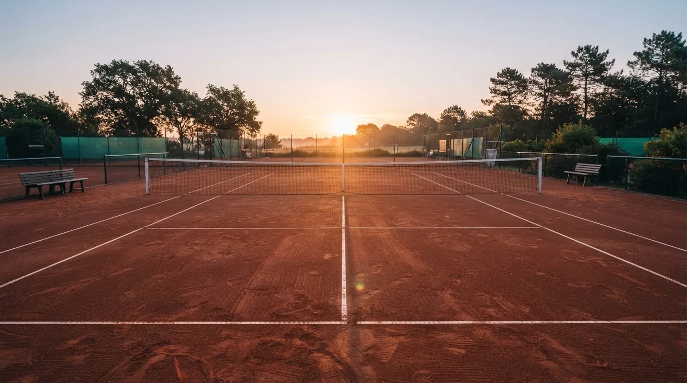 Ein Tennisplatz bei Sonnenaufgang, Netz und Linien im Streiflicht, ohne Menschen.