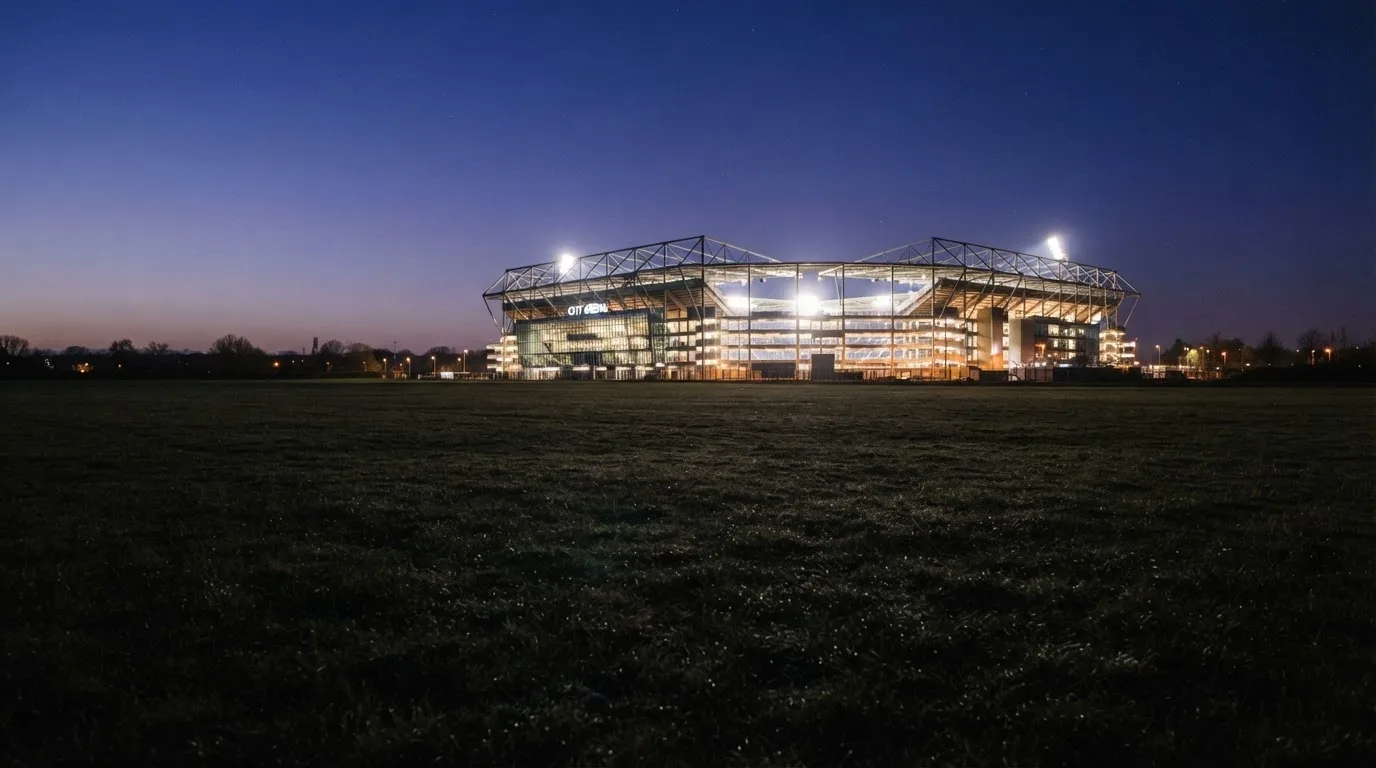 Ein Stadion unter Flutlicht aus der Ferne gesehen, im Vordergrund ein leeres Feld in der Dämmerung.