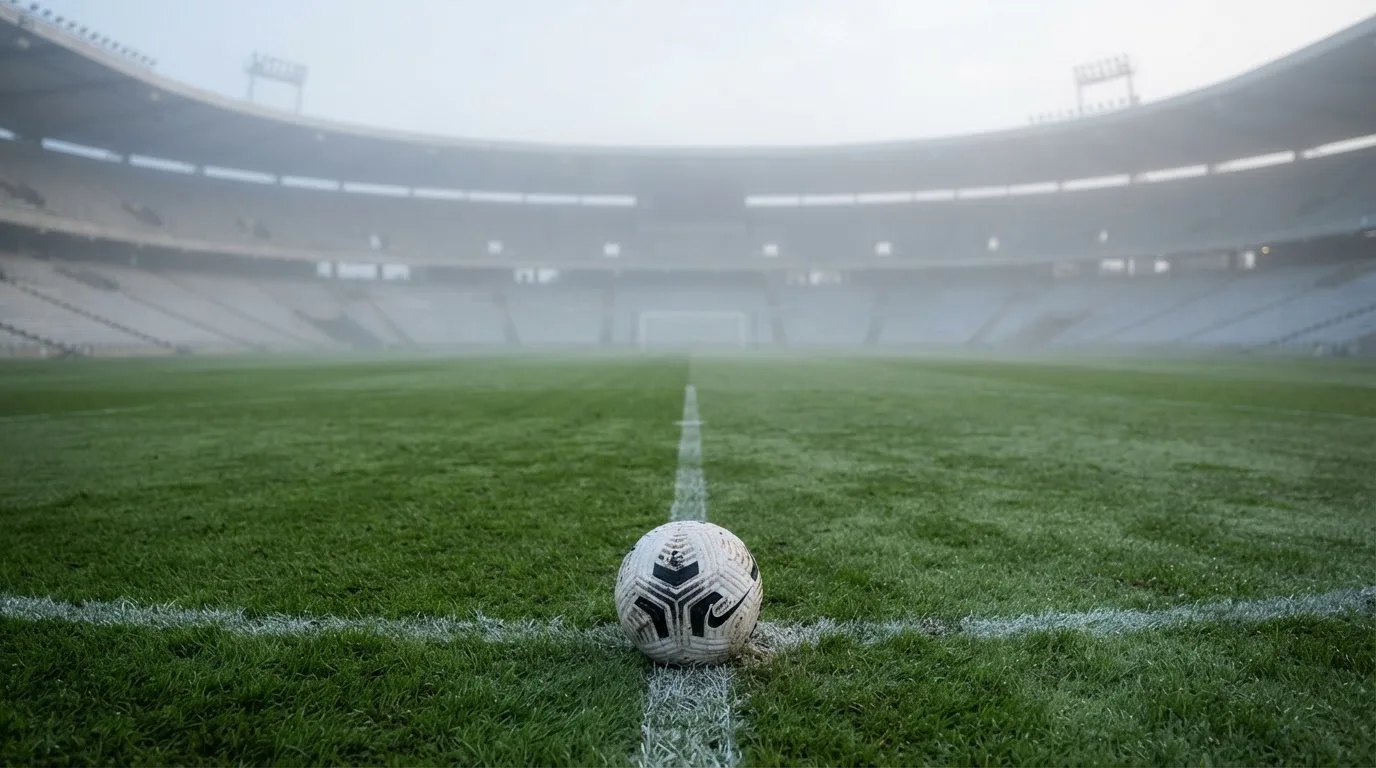 Ein Fußball liegt auf dem Anstoßpunkt eines leeren Rasenplatzes, im Hintergrund hängt Morgendunst über den Tribünen.