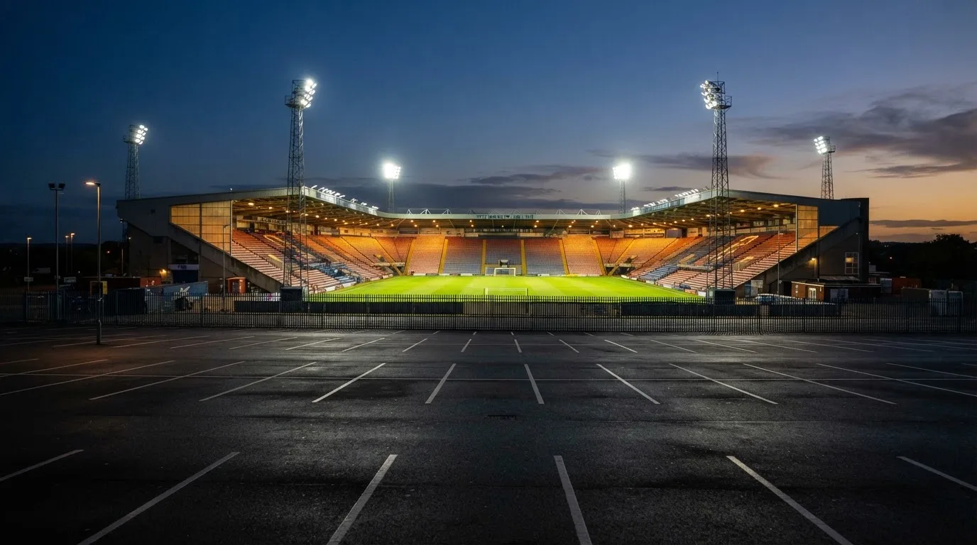 Ein Fußballstadion unter Flutlicht, aus großer Entfernung bei Einbruch der Dunkelheit gesehen, davor ein leerer Parkplatz.