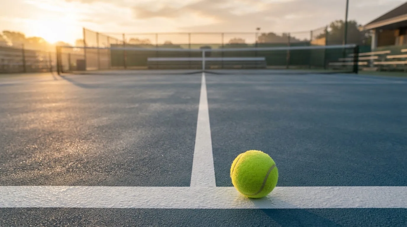 Ein Tennisplatz bei Sonnenaufgang, die Linien noch taufeucht, ein einzelner Ball liegt an der Grundlinie.