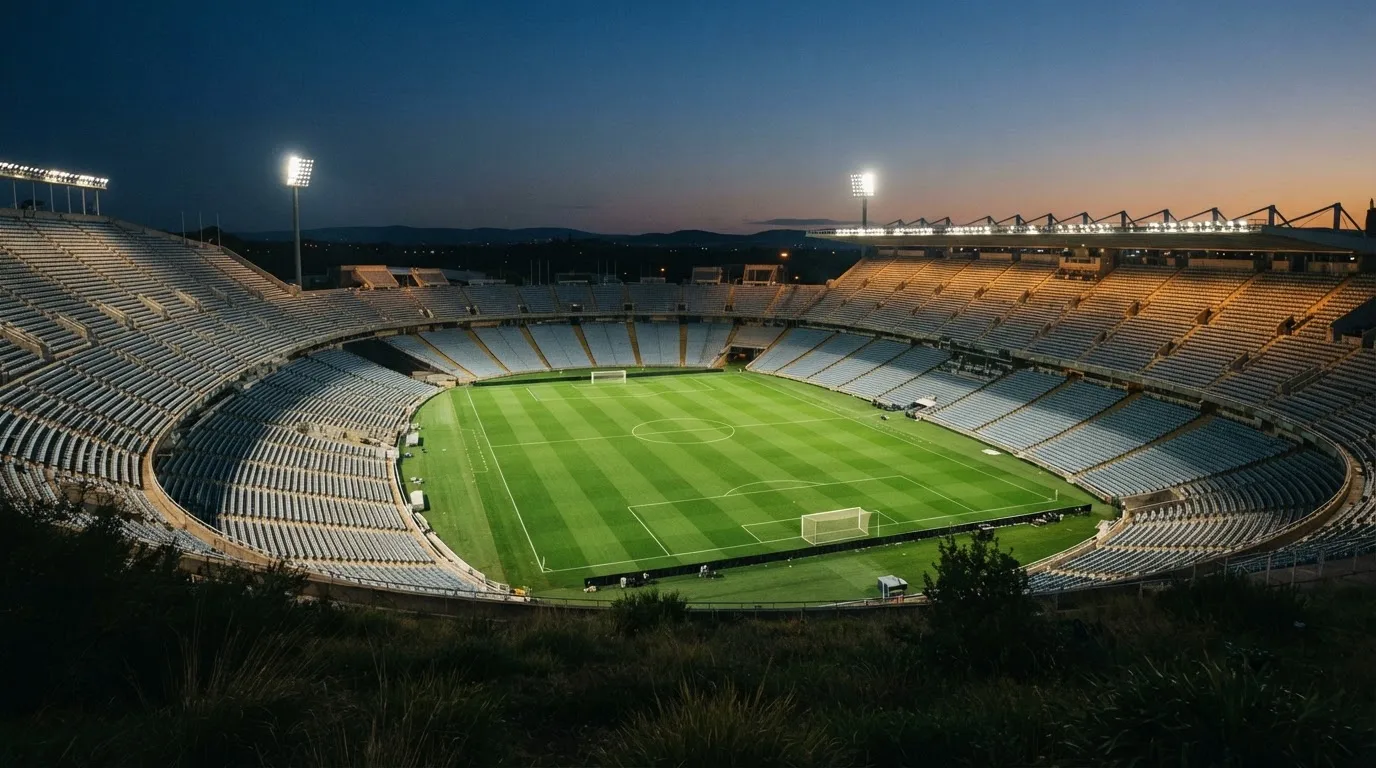 Ein leeres Stadion mit hell erleuchteten Rängen in der Abenddämmerung, von einem Hügel aus fotografiert.