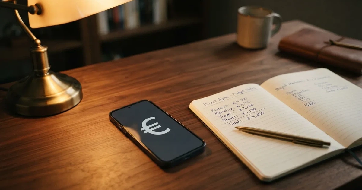 Ein paar Euro-Münzen und ein einzelner Geldschein liegen neben einem aufgeschlagenen Notizbuch mit handschriftlichen Zahlenreihen auf einem Schreibtisch.