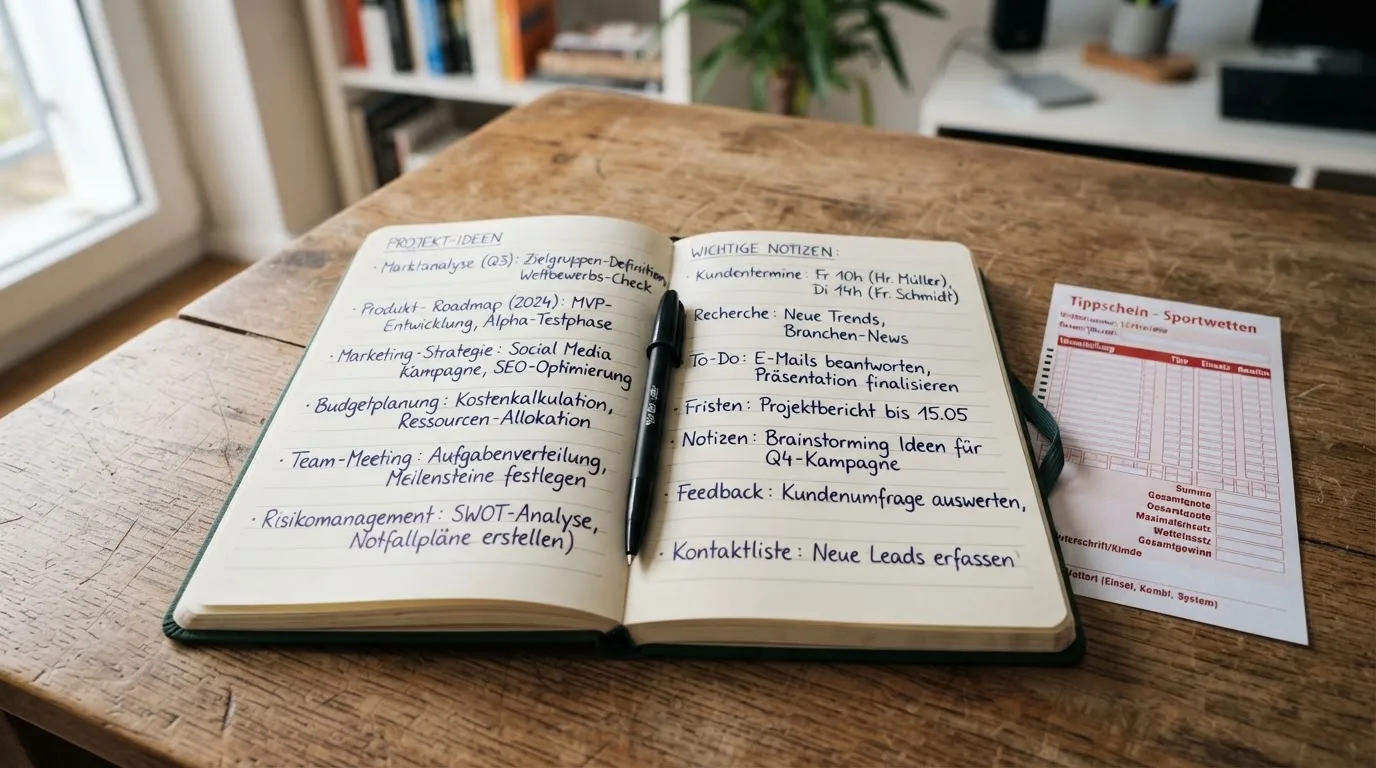 Ein Notizbuch mit handschriftlichen Notizen liegt aufgeschlagen neben einem leeren Papier-Wettschein auf einem Holztisch.