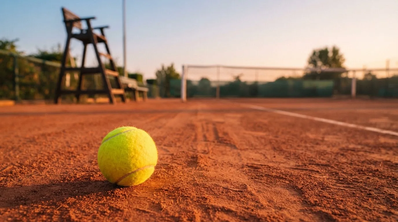 Ein Tennisball liegt auf einem roten Sandplatz bei Sonnenaufgang, im Hintergrund ein leerer Schiedsrichterstuhl.
