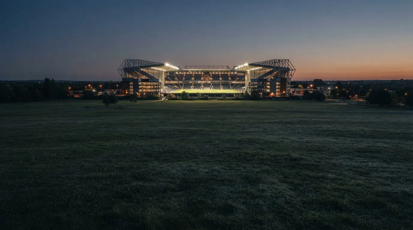 Ein Stadion unter Flutlicht aus der Ferne, davor ein stilles Feld im Dämmerlicht.