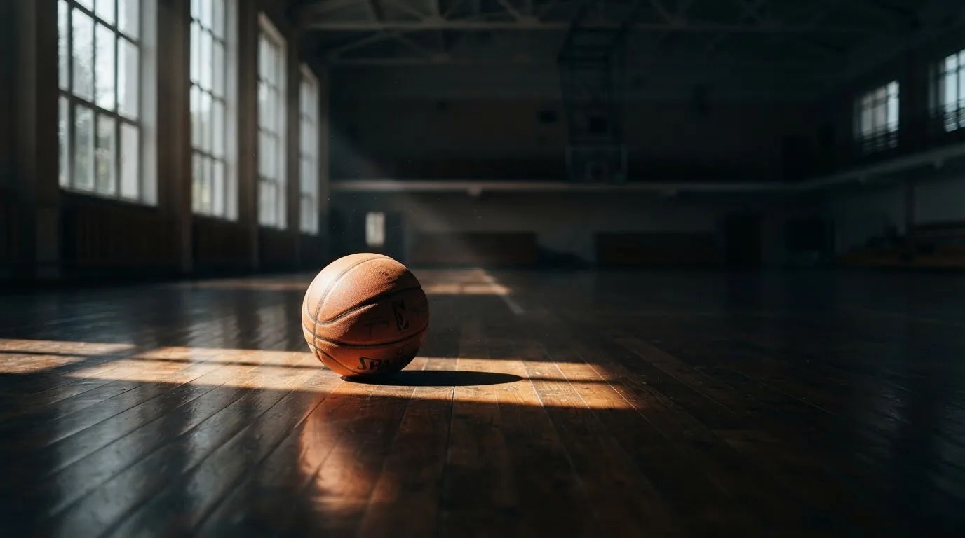 Ein Basketball liegt auf dem Parkett einer leeren Halle, Licht fällt durch hohe Fenster.