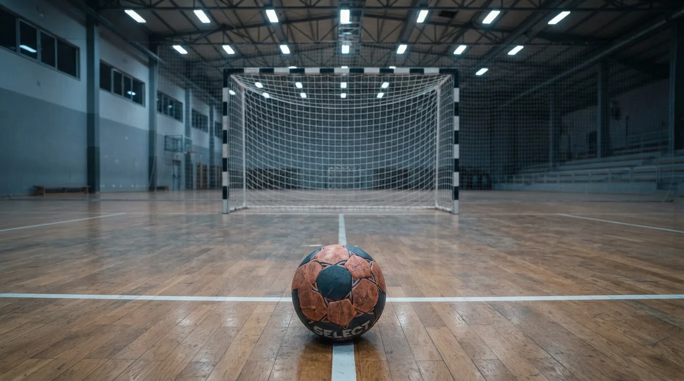 Ein Handball liegt in einer leeren Halle auf dem Boden vor dem Tor.