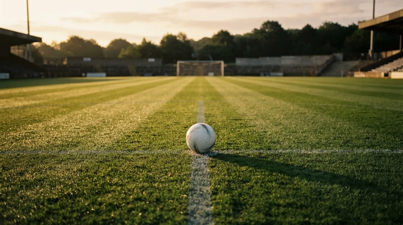 Ein Fußball liegt auf dem Anstoßkreis eines leeren Rasenplatzes im frühen Morgenlicht.