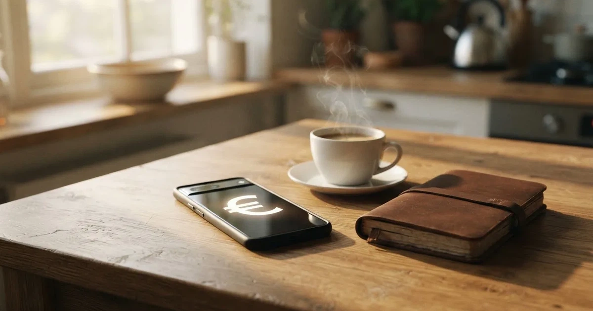 Ein Smartphone mit dunklem Display liegt neben einer Kaffeetasse und einem Notizbuch auf einem Küchentisch.