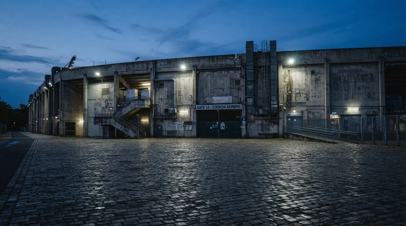 Die Rückseite einer Tribüne bei Dämmerung, davor ein menschenleerer Vorplatz mit Pflastersteinen.