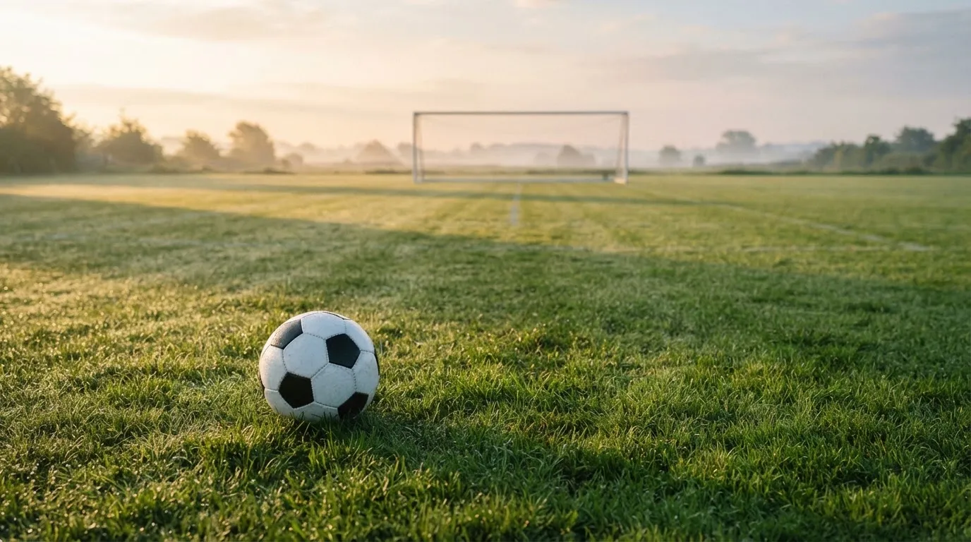 Ein Fußball auf dem Rasen vor einem leeren Tor im frühen Morgenlicht.