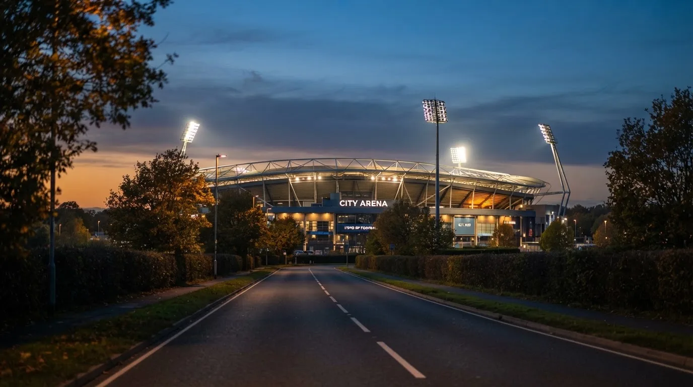 Ein Stadion aus der Ferne bei Flutlicht, davor eine ruhige Straße in der Abenddämmerung.