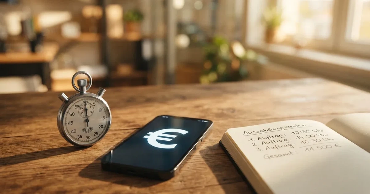 Eine Stoppuhr liegt neben Münzen und einem Notizbuch auf einem Holztisch, Tageslicht fällt von der Seite ein.
