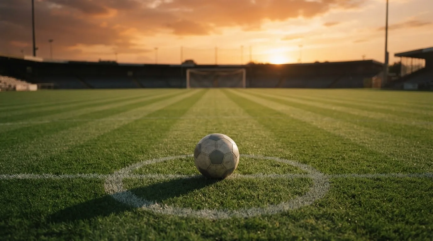 Ein Fußball liegt in der Mitte eines leeren Rasenplatzes, am Horizont färbt sich der Himmel orange.