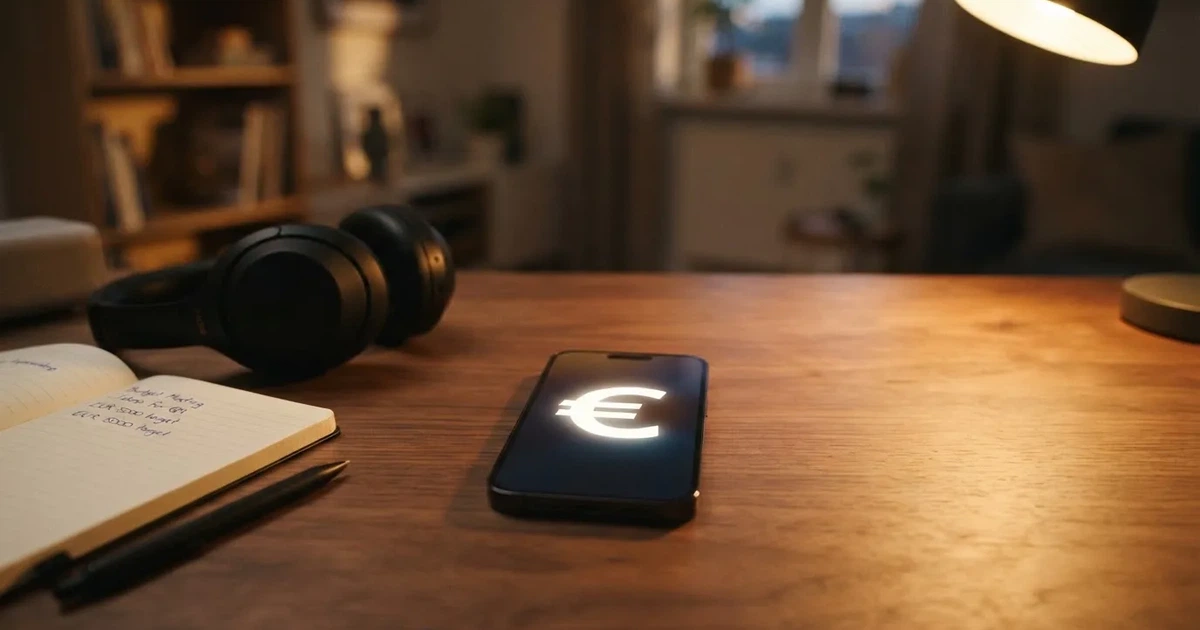 Ein Smartphone mit schwarzem Display liegt neben Kopfhörern auf einem Schreibtisch, daneben ein aufgeschlagenes Notizbuch.