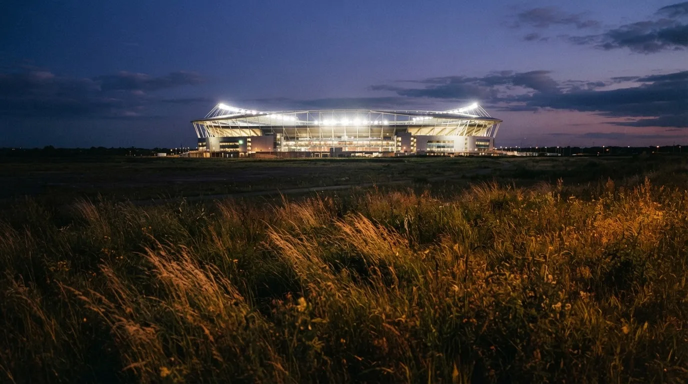 Ein hell beleuchtetes Stadion aus der Ferne in der Dämmerung, im Vordergrund ein Feld mit hohem Gras.
