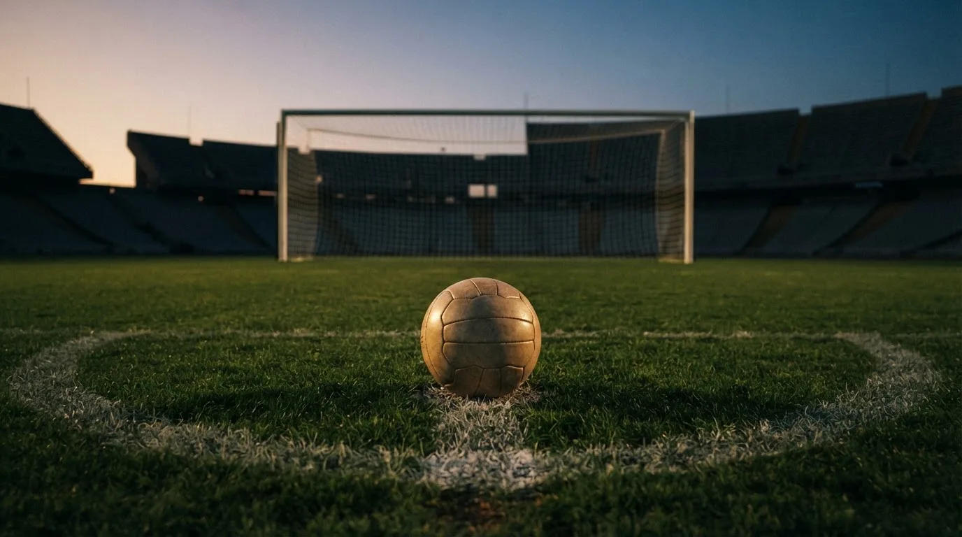 Ein Fußball liegt im Strafraum eines leeren Platzes, dahinter die Netze des Tores im Abendlicht.