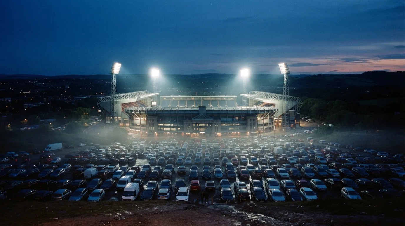 Ein Stadion unter Flutlicht aus großer Entfernung bei Einbruch der Dunkelheit, davor ein stiller Parkplatz.